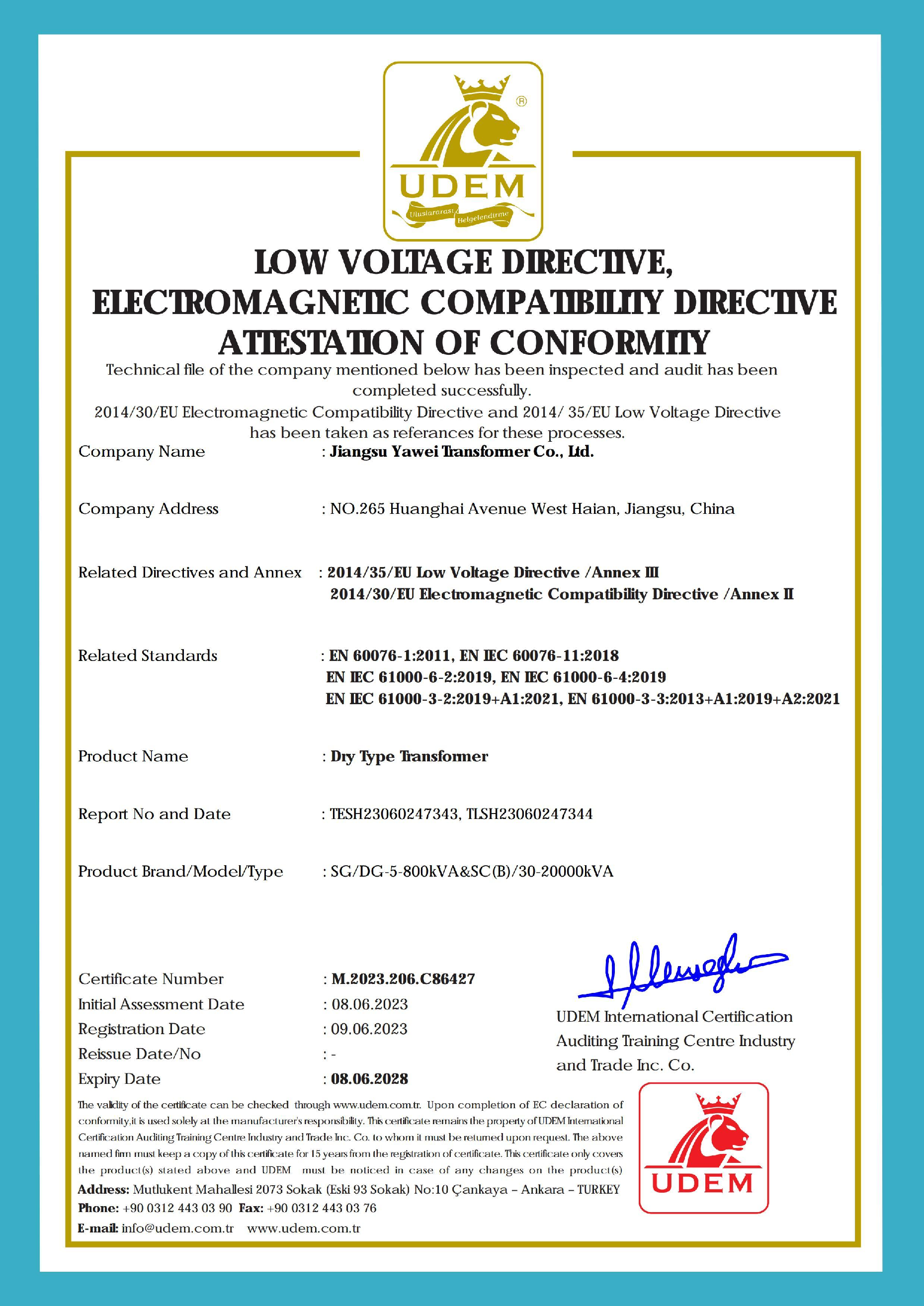 ATTESTATION CERTIFICATE OF ELECTROMAGNETIC COMPATIBILITY DIRECTIVE