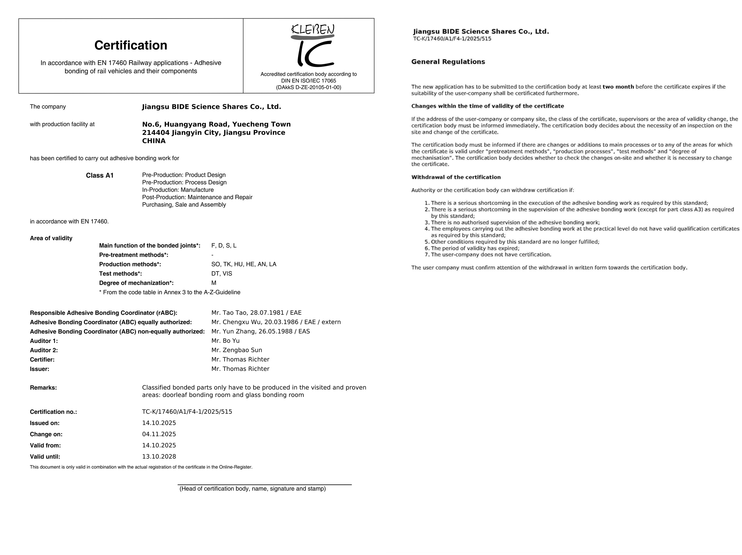 Certification In accordance with EN 17460 Railway applications - Adhesive bonding of rail vehicles a