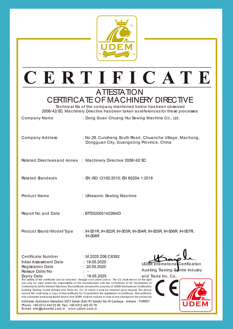 Ultrasonic Sealing Machine CE Certification Machinery Directive 2006/42/EC by UDEM