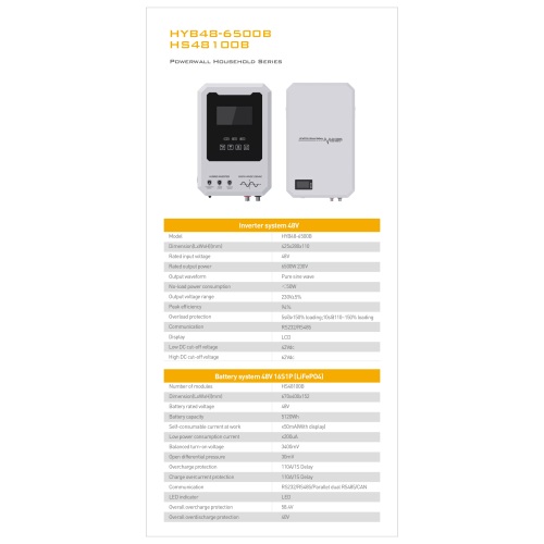 High-Performance Home Energy Storage Solution: HYB48-6500B Inverter & HS48100B LiFePO4 Battery System