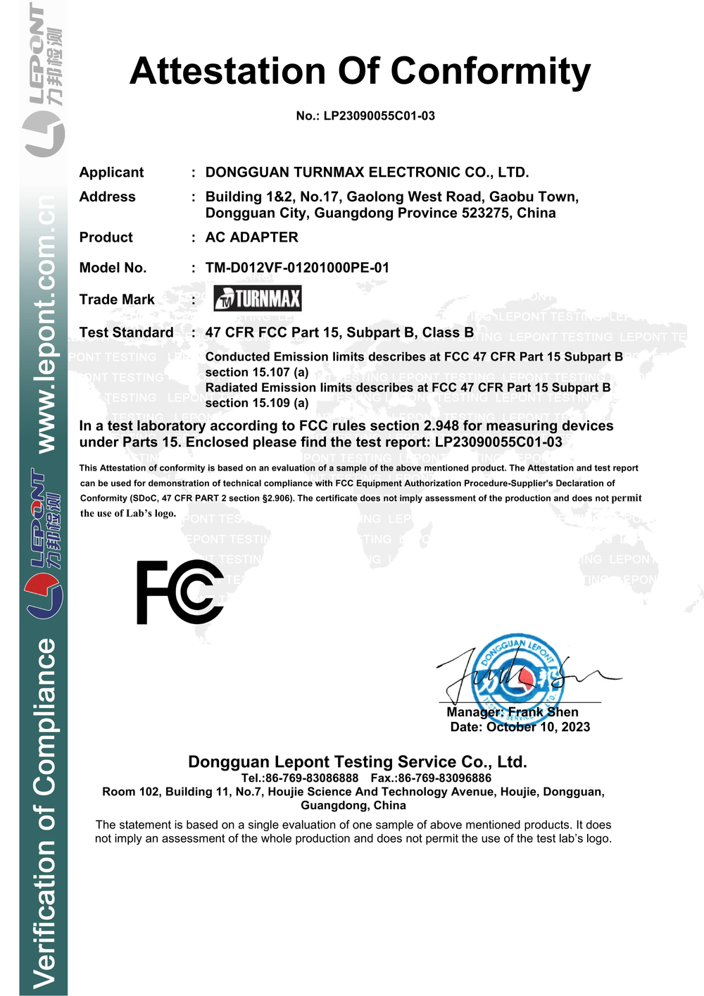 Attestation Of Conformity