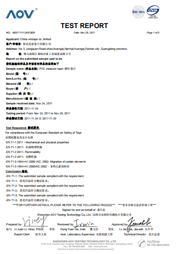 Test Report for PVC measuring Tape