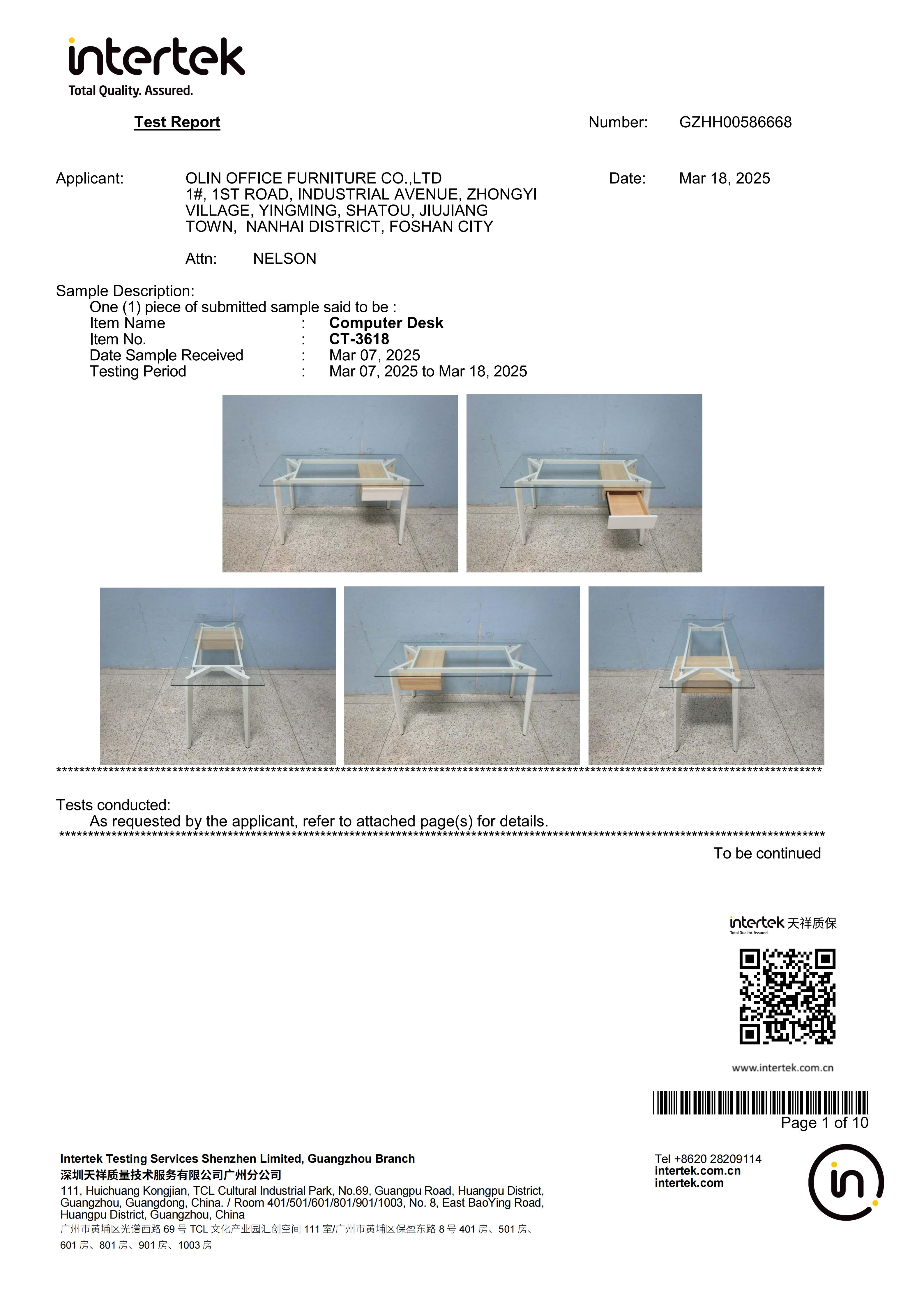 Computer Desk CT-3618 EN12521 Test Report