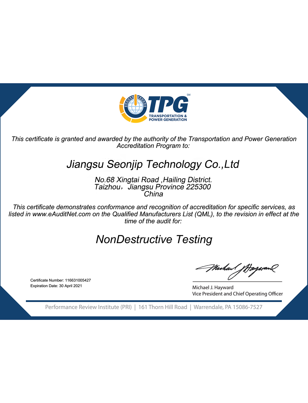 Nondestructive TPG certificate