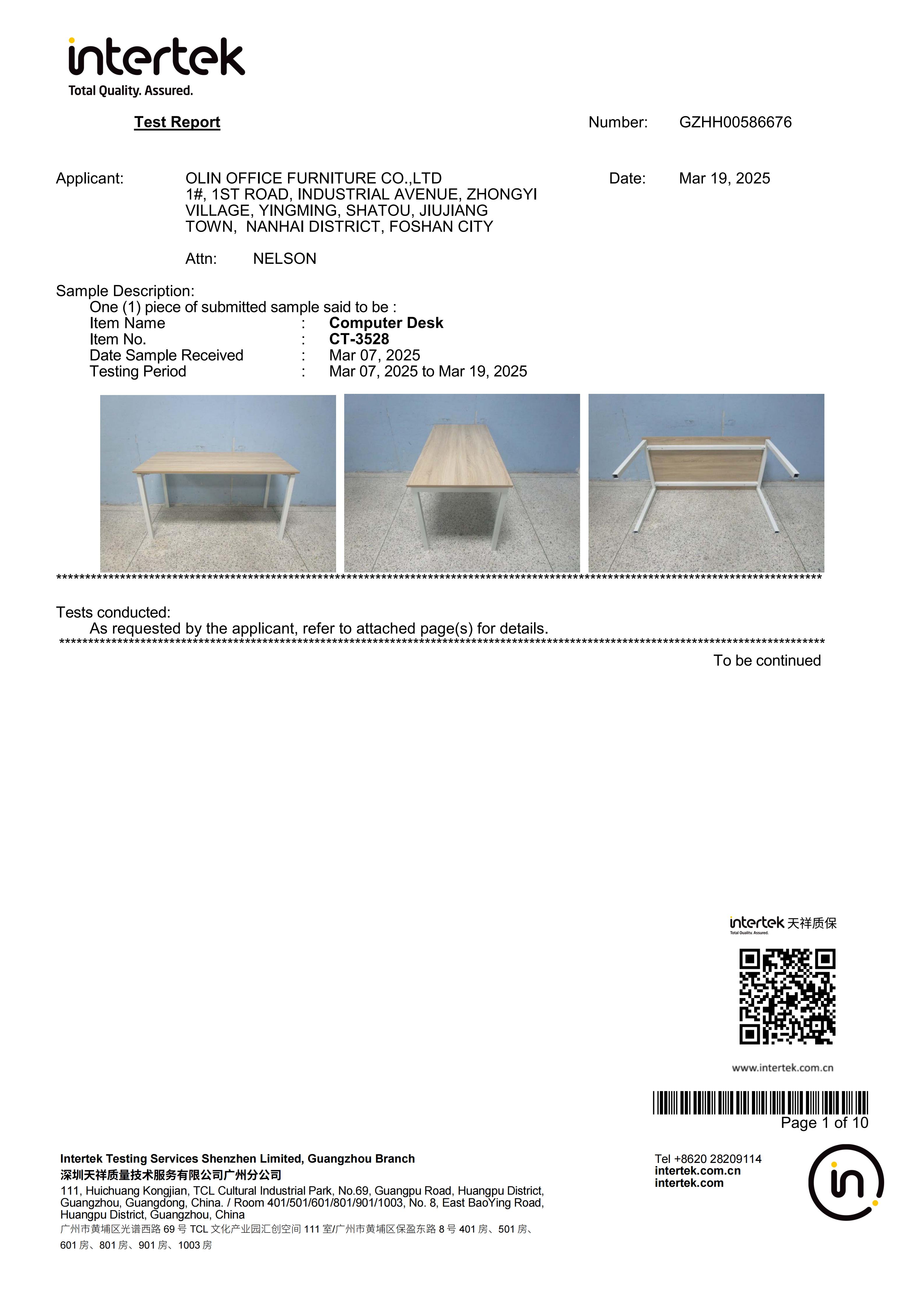 Computer Desk CT-3528 Test Report
