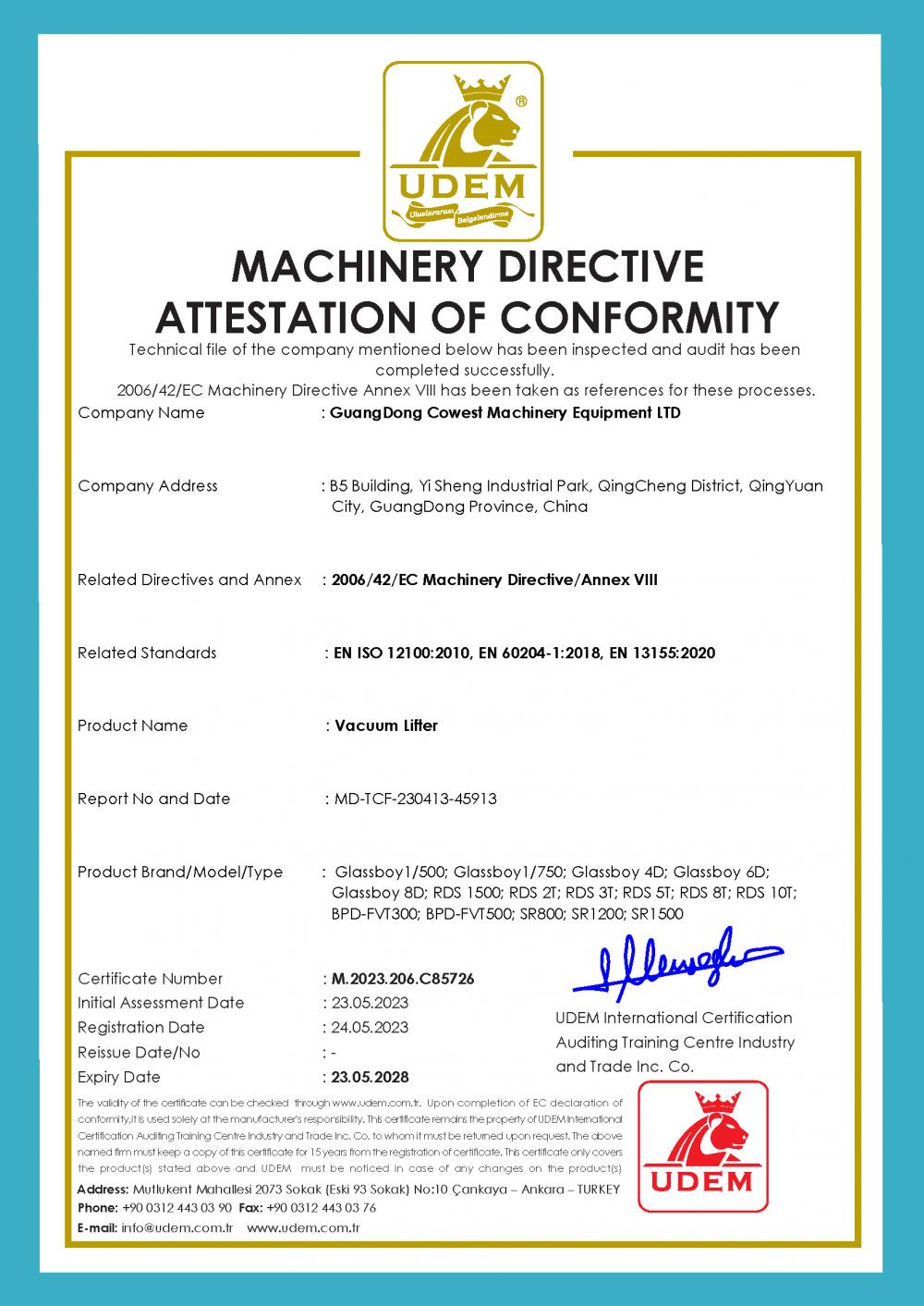 Machinery Directive Attestation Of Conformity