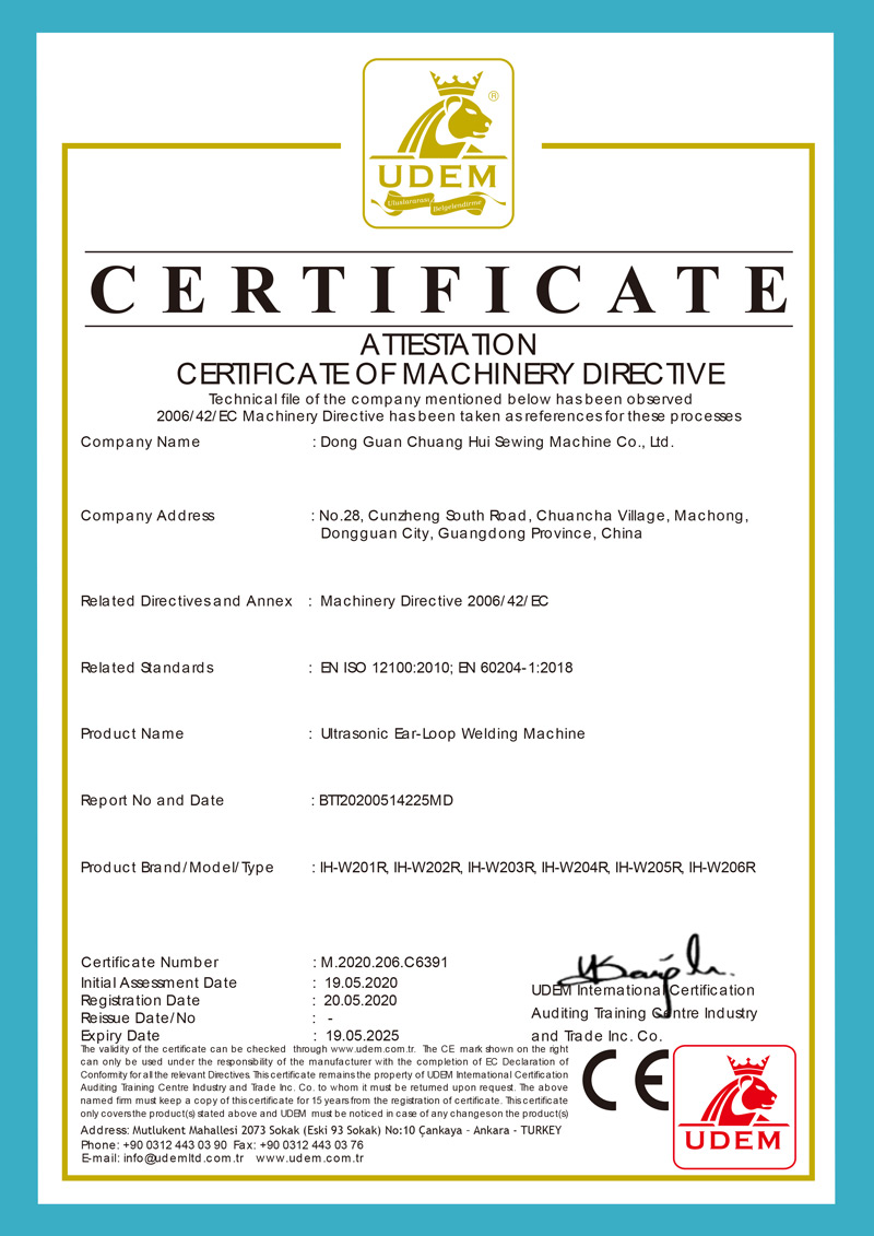 Ultrasonic Ear-loop Welding Machine CE Certification Machinery Directive 2006/42/EC by UDEM