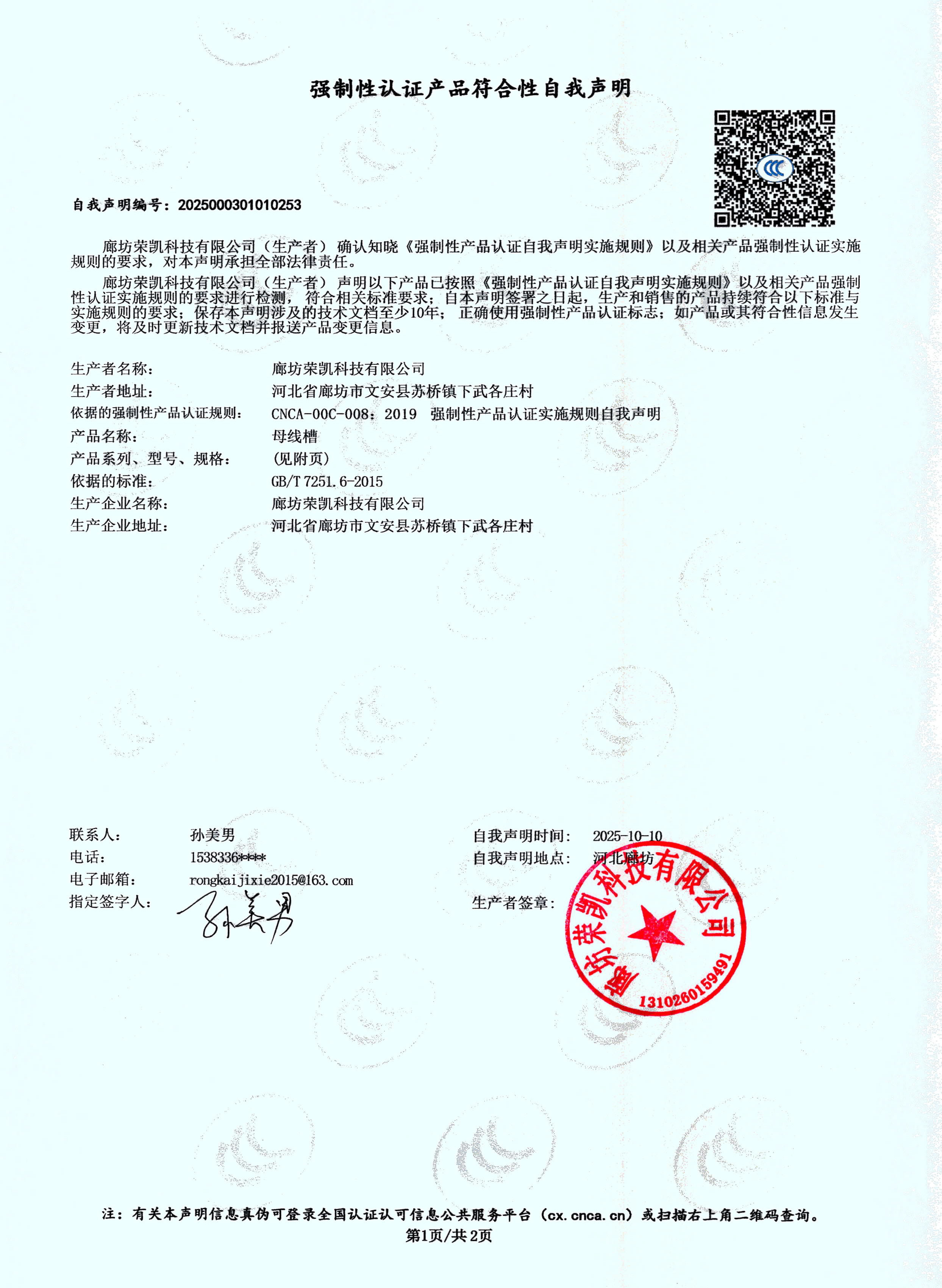 Self-declaration of Product Conformity for Mandatory Certification 2025000301010253-1