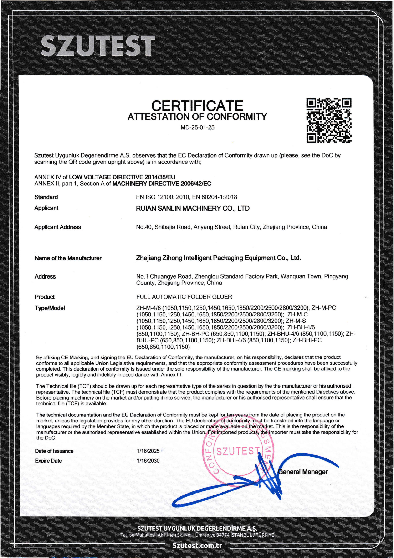 CERTIFICATEATTESTATION OF CONFORMITY