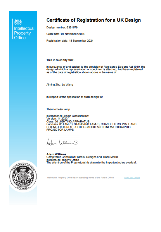 Certificate of Registration for a UK Design