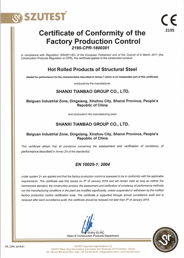 Certificate of Conformity of the Factory Production Control