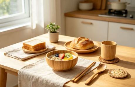 Stoviglie ecologiche in bambù per la colazione quotidiana