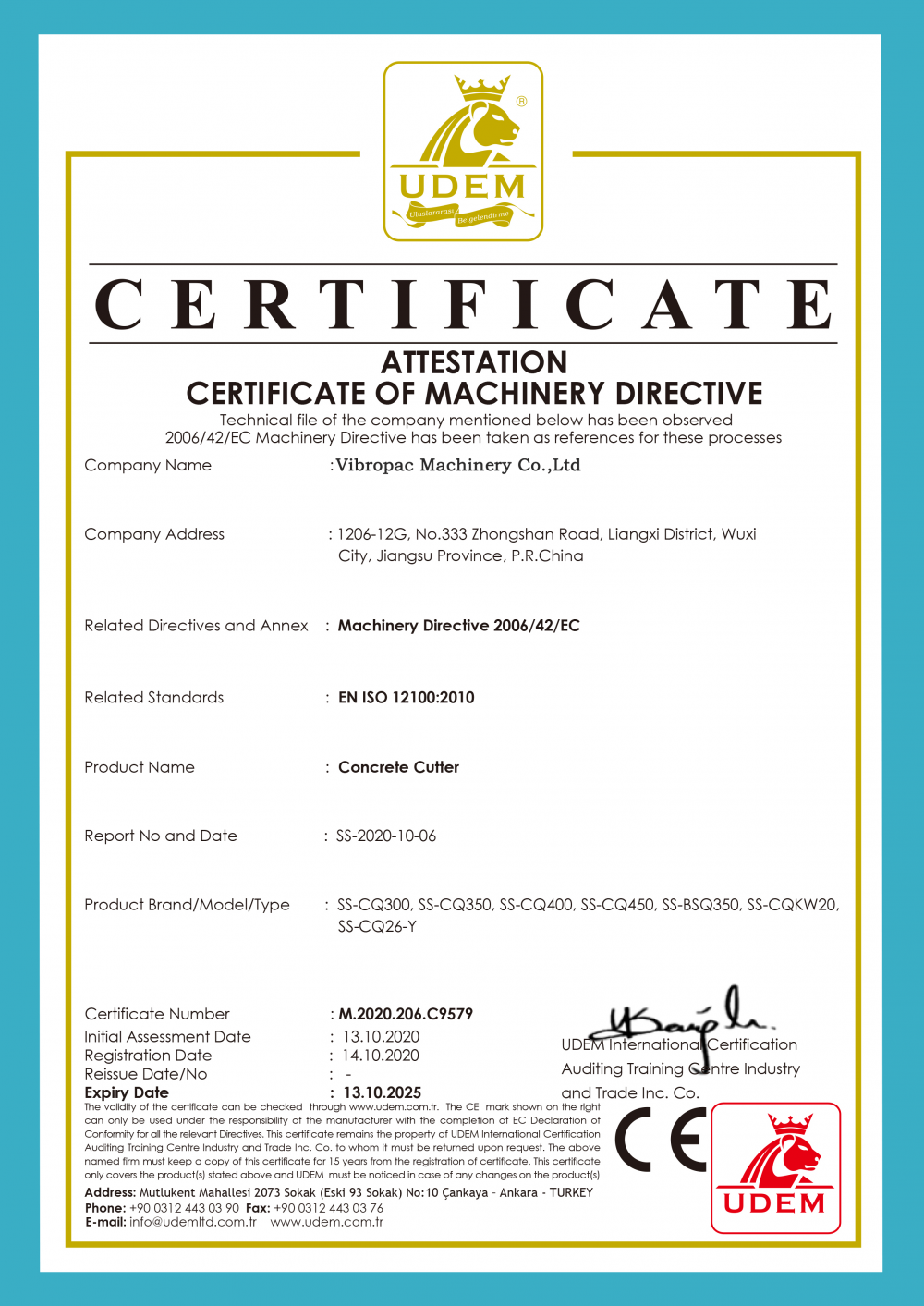 ATTESTATION CERTIFICATE OF MACHINERY DIRECTIVE