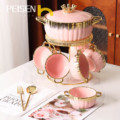 9-Piece Large Capacity Ceramic Soup Bowl Set with Covers, Gold Edge, Assorted Colors (White, Black, Pink, Dark Green)1