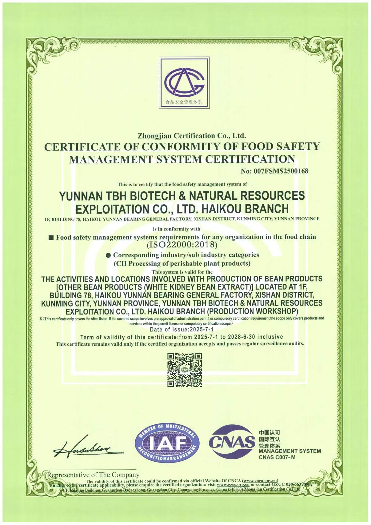 Certificate of Conformity for Food Safety Management System Certification