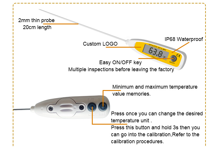 30cm probe digital cooking food meat thermometer with reduced tip probe 1.8mm