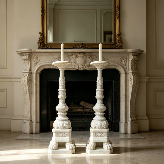 white-marble-ornate-candlesticks-classic-fireplace-decor