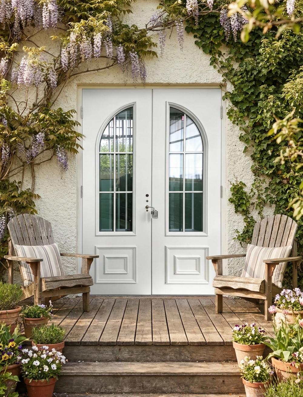 French-style glass and aluminum door with a rural scene