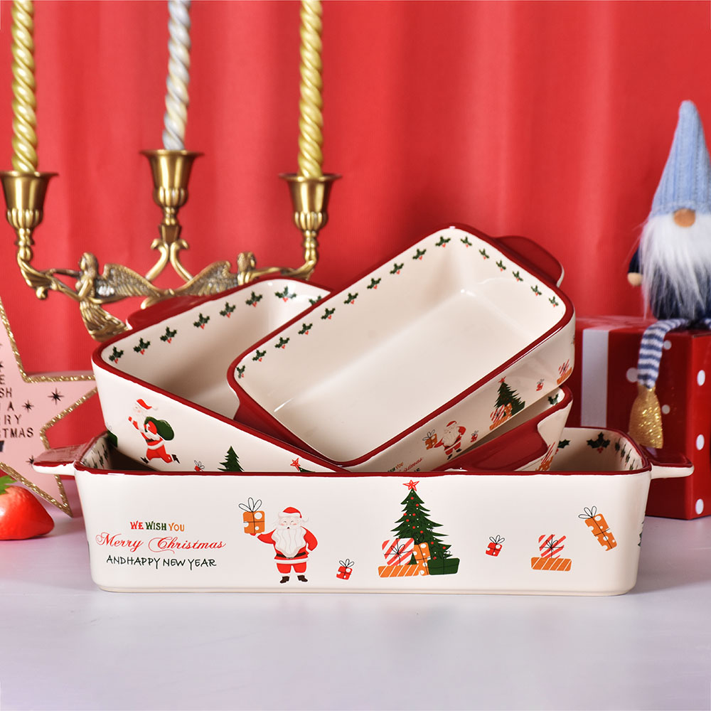 Christmas wholesale rectangle porcelain 3 piece ceramic stoneware baking tray bakeware