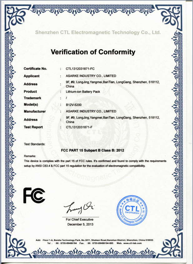 FCC PART 15 Subpart B Class B: 2012