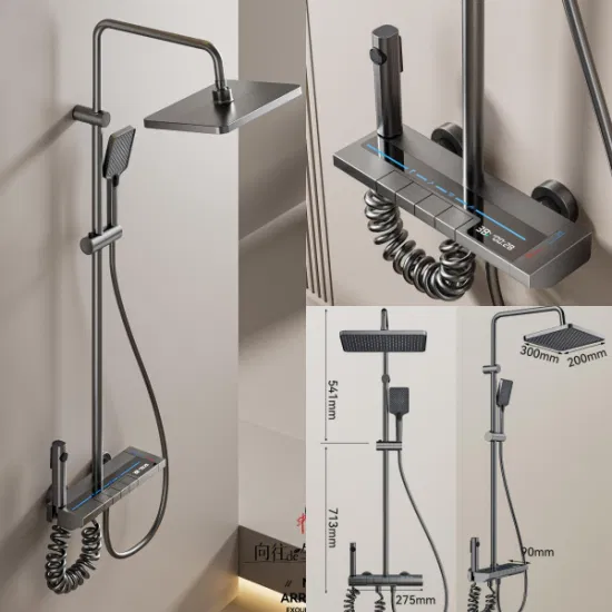 4119 Gray Aluminum LED Temperature Display Four Function Bathroom Shower Complete Shower Set1