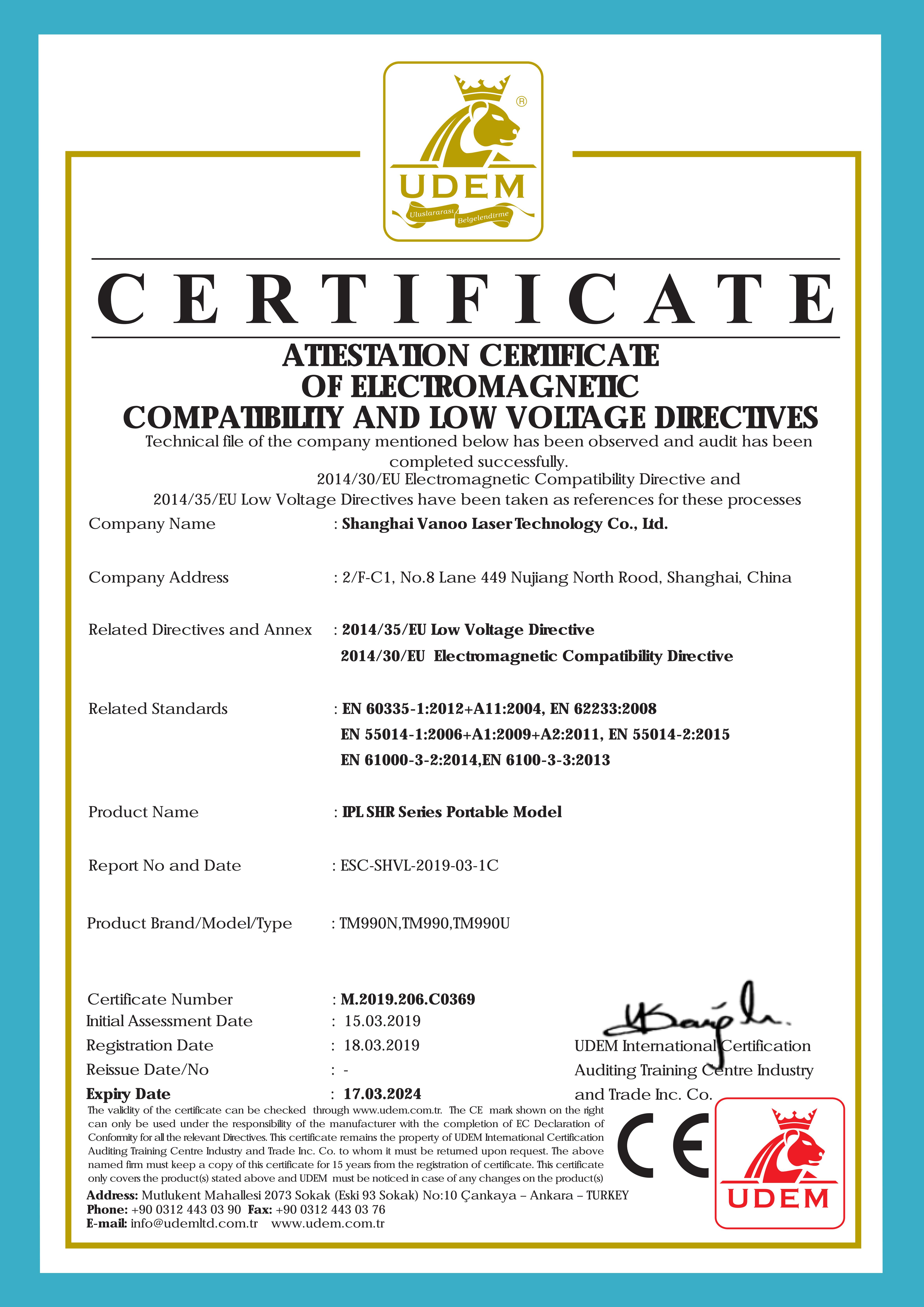 ATTESTATION CERTIFICATE OF ELECTROMAGNETIC COMPATIBILITY AND LOW VOLTAGE DIRECTIVES