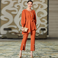 ست دو تکه تاپ و شلوار زنانه بلند ابایای 2 تکه گلدار پنوم و یقه زنانه نارنجی پرفروش 2023