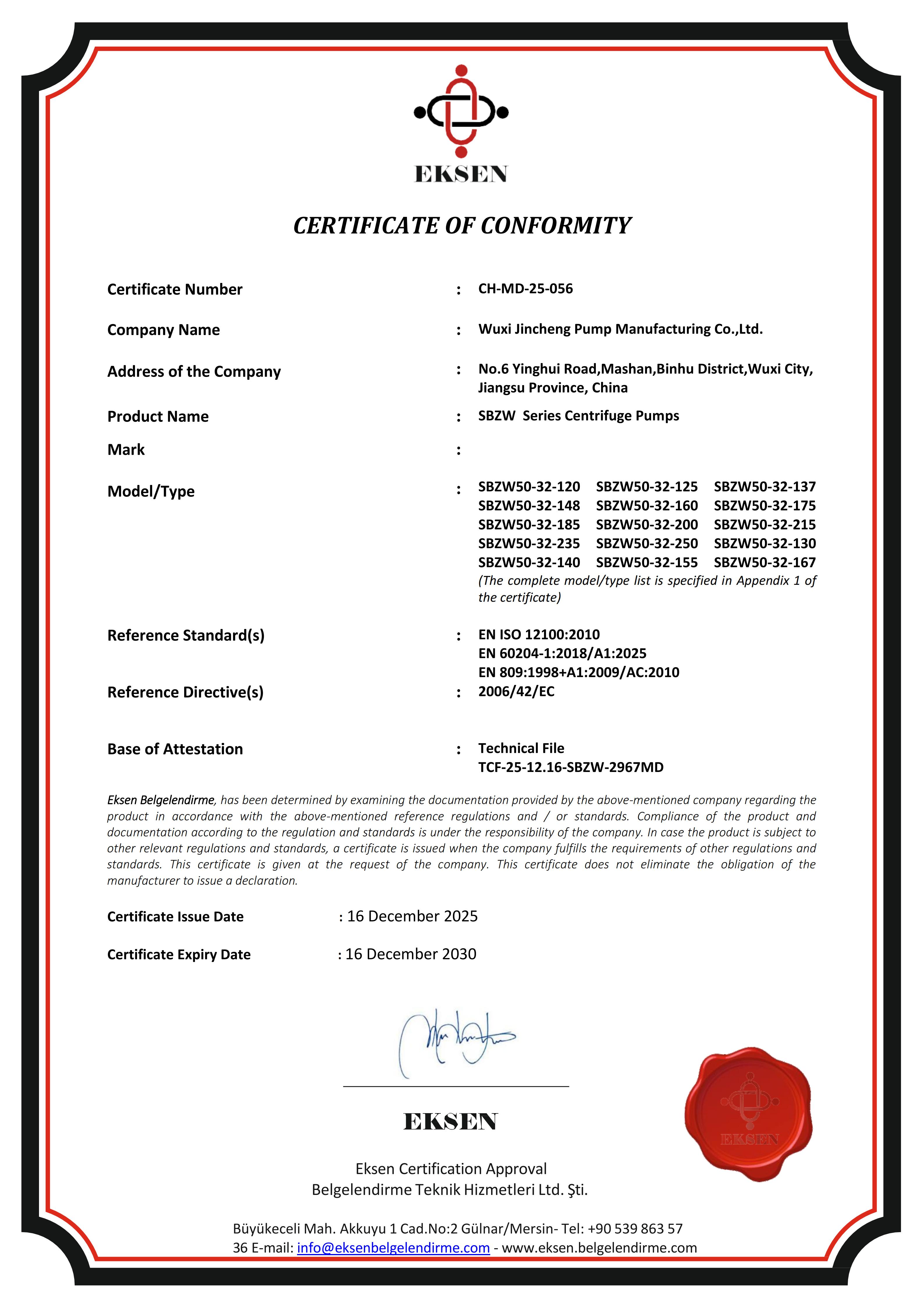 CERTIFICATE OF CONFORMITY