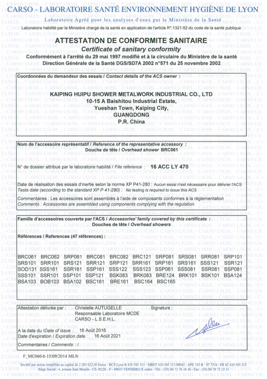 ATTESTATION DE CONFORMITE SANITAIRE