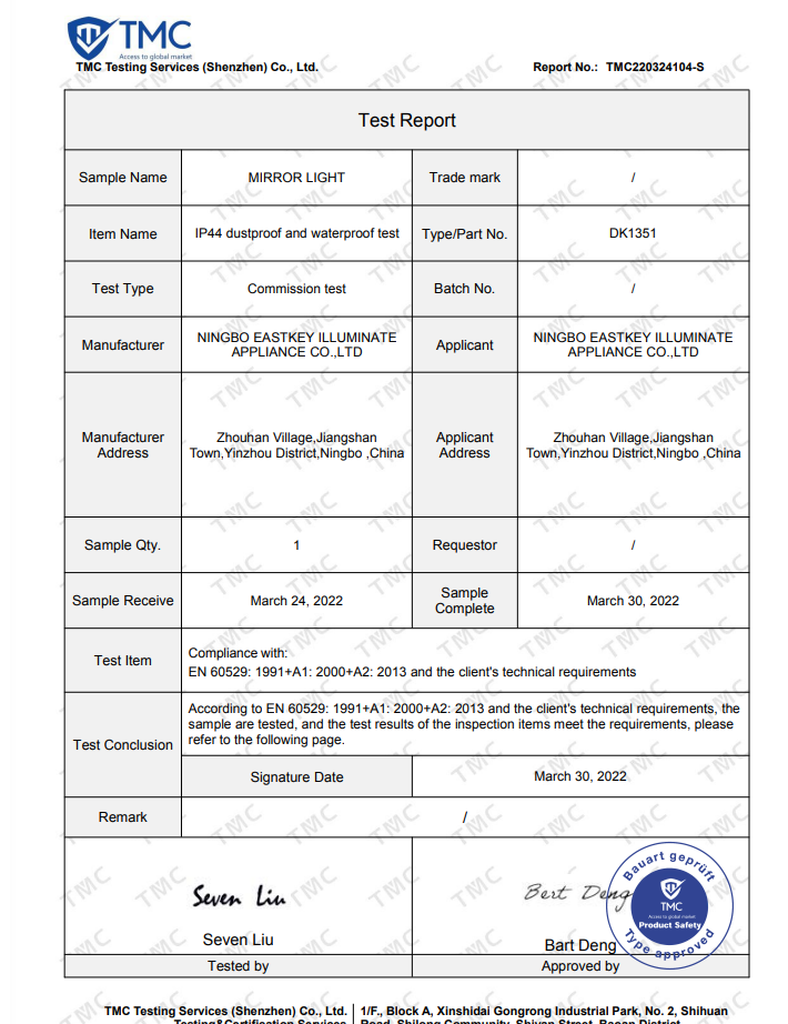 Mirror Light IP44 certification