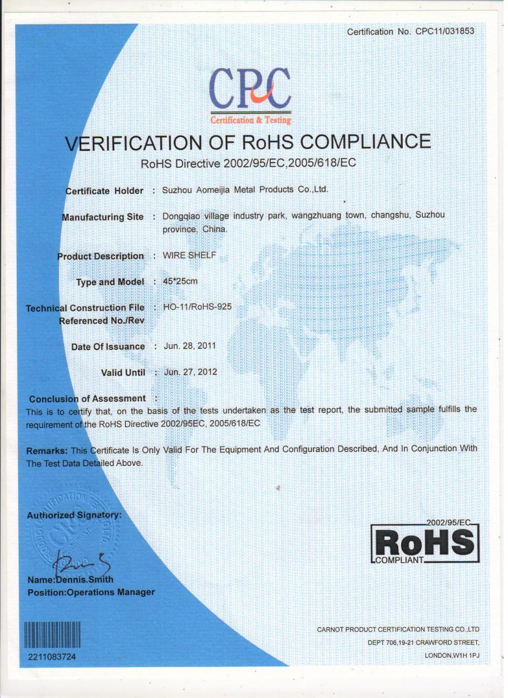 VERIFICATION OF ROHS COMPLIANCE RoHS Directive 2002/95/EC2005/618/EC