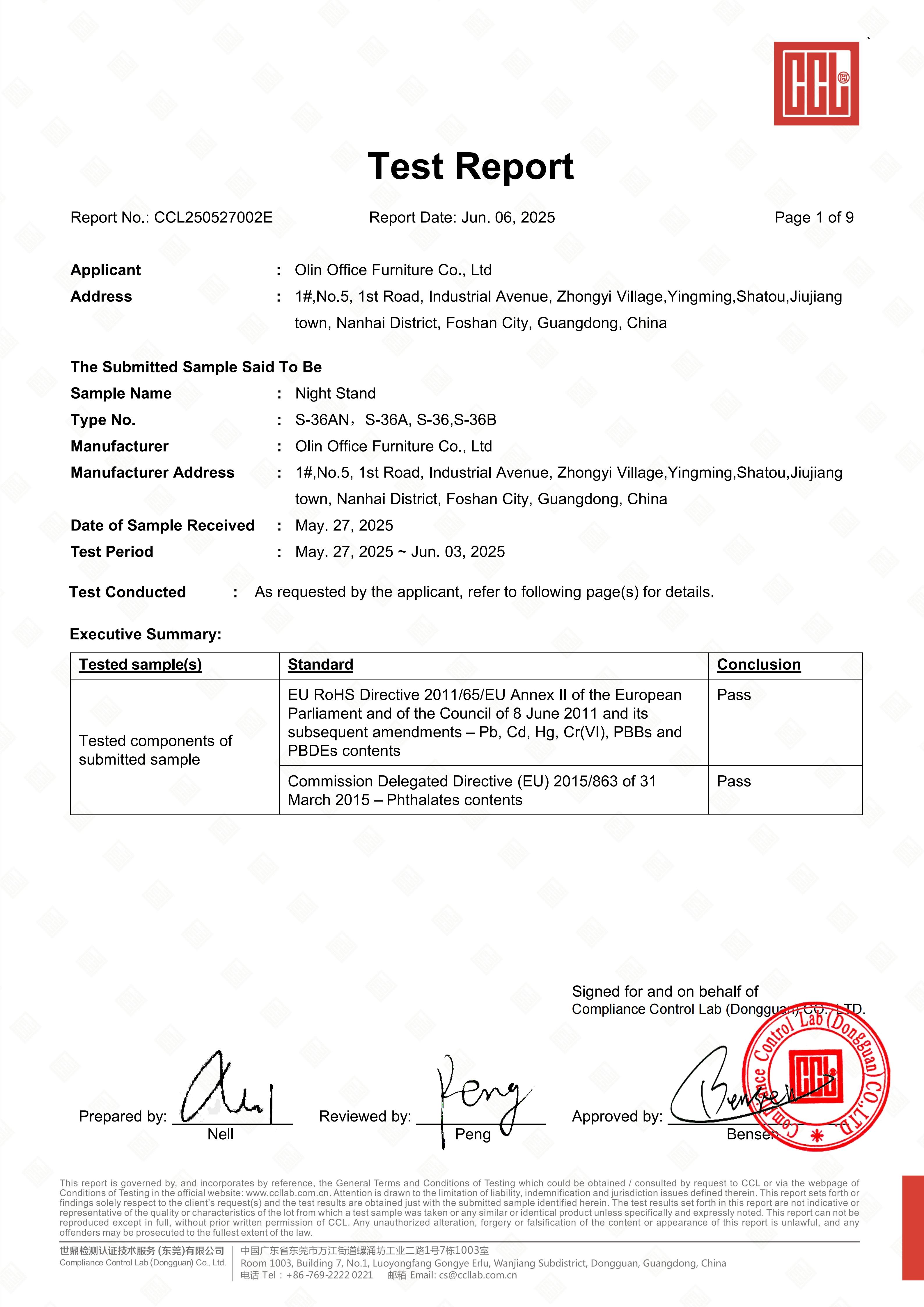 Night Stand RoHS Test Report