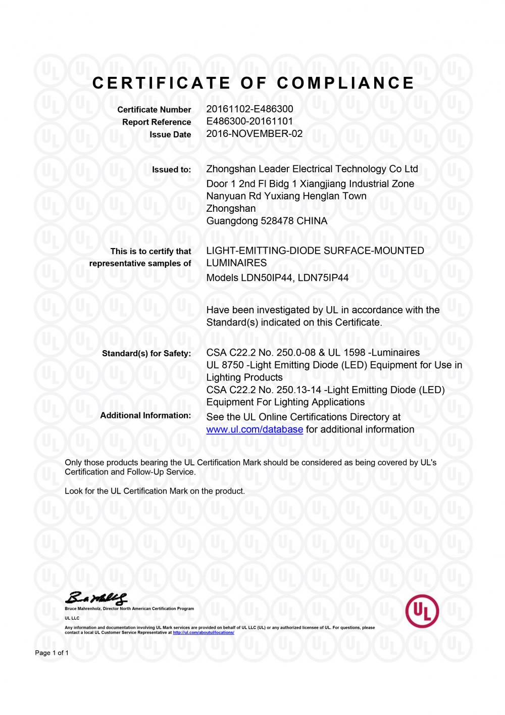 LED UL certificate