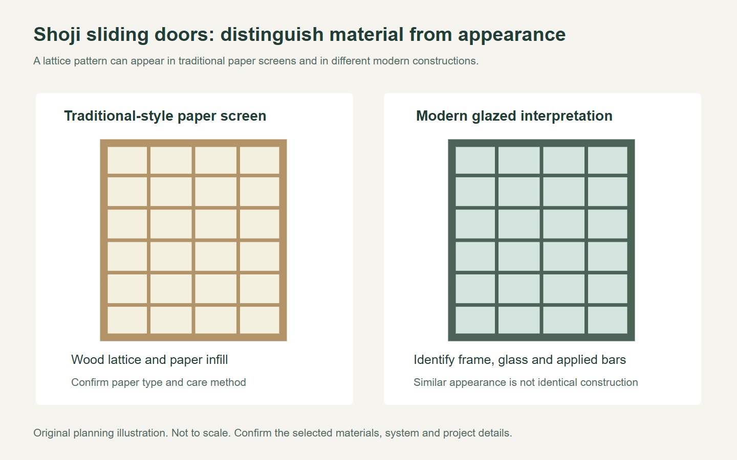 Original comparison of a wood-and-paper lattice screen with a modern gridded glazed interpretation