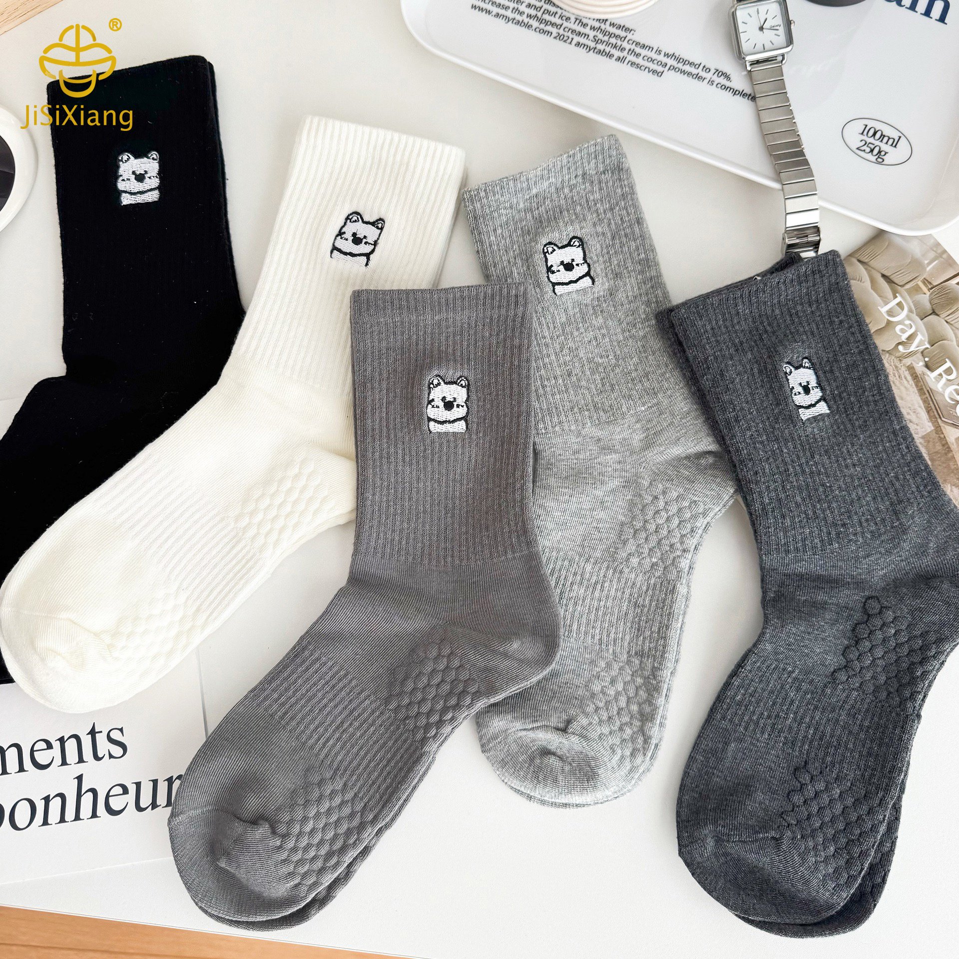 한국 버전 만화 테디 베어 자수 ins 튜브 파일 양말
