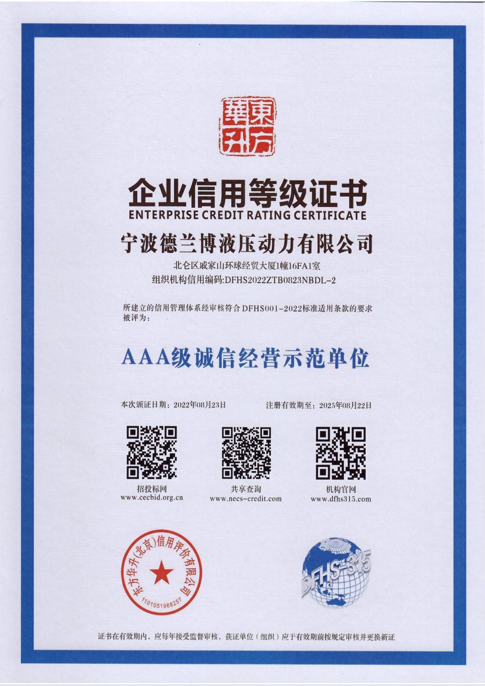 Enterprise credit rating certificate