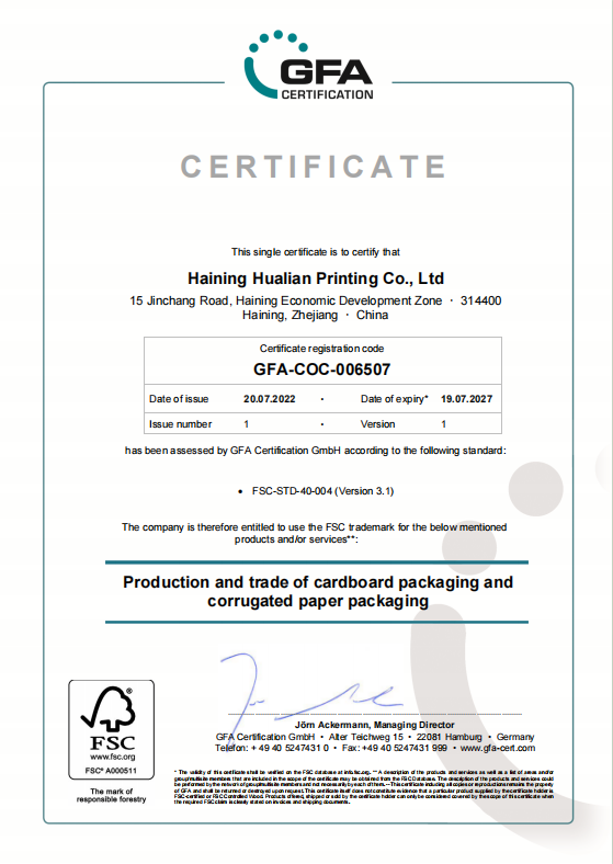FSC‑CoC Chain of Custody System Certification Certificate