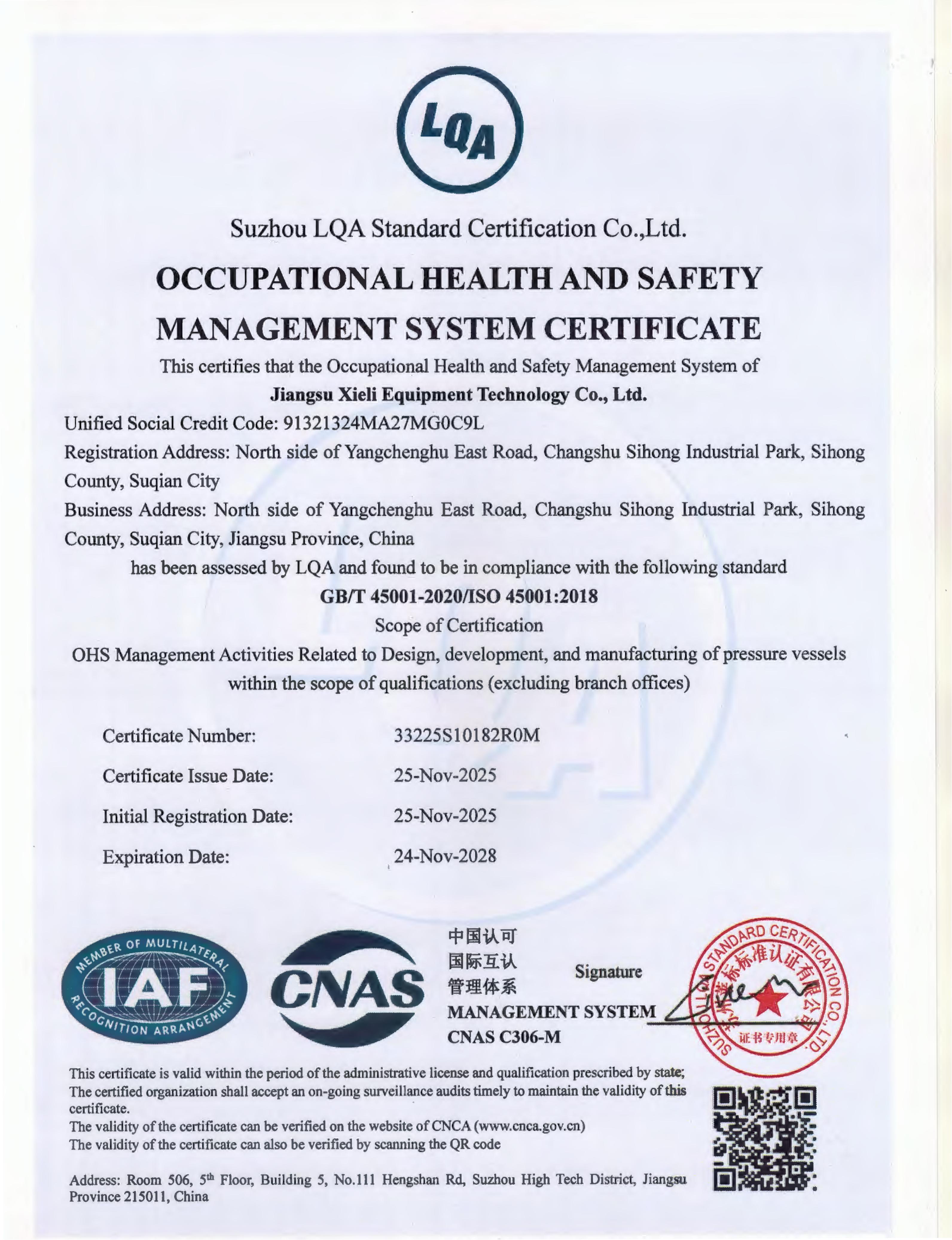 OCCUPATIONAL HEALTH AND SAFETY MANAGEMENT SYSTEM CERTIEICATE