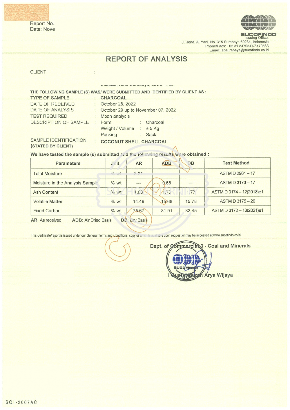 Coconut Shell Charcoal Test Report - Indonesian Product