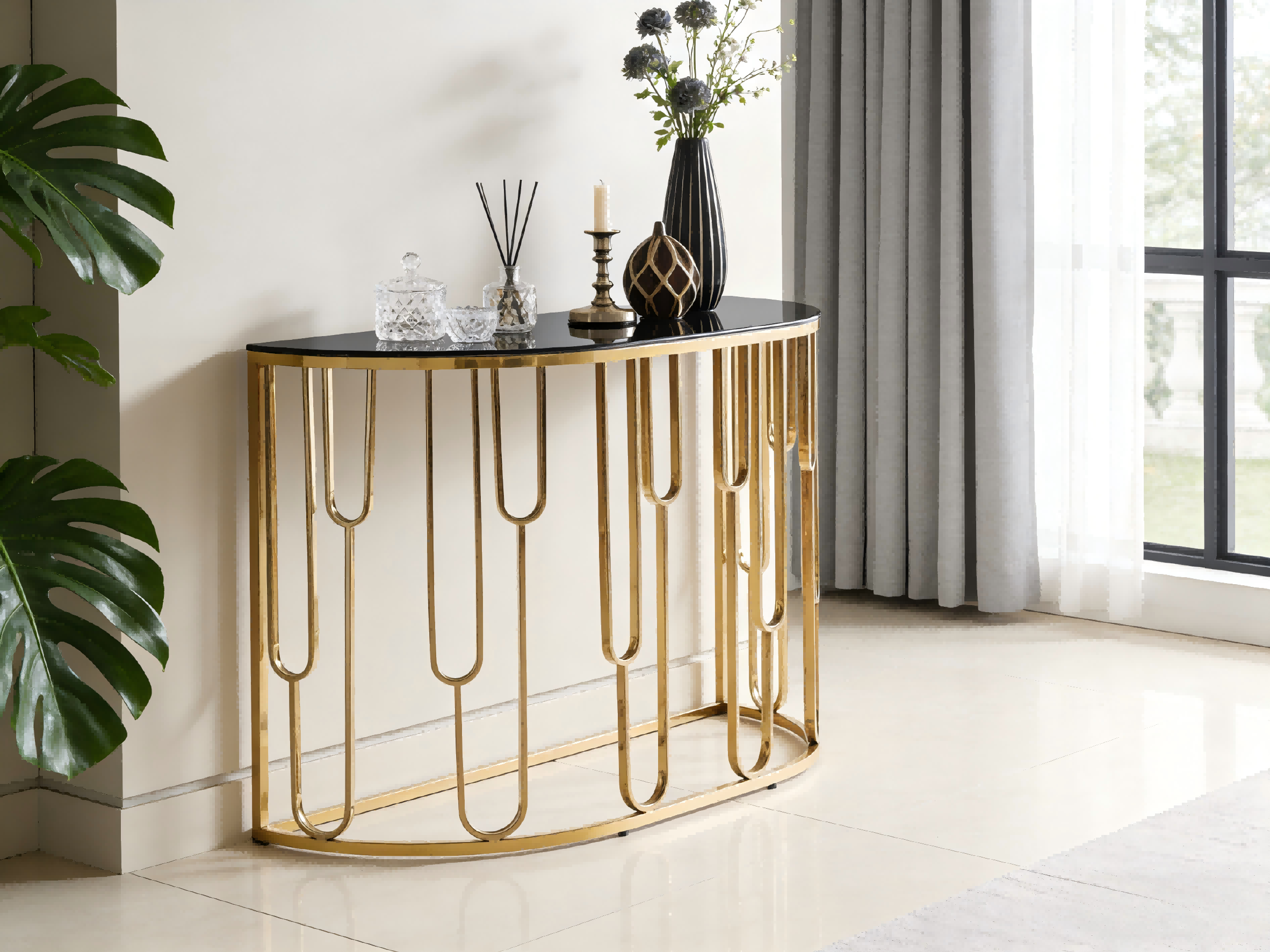 Mesa de entrada moderna com tampo de vidro TL-AS516 com design elegante de aço inoxidável