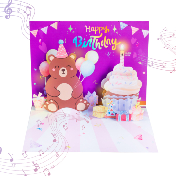 Custom 90 Degree Popup Musical Happy Birthday Greeting Card Bear Cake Design