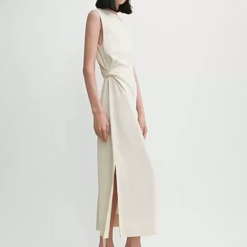 Ранней осенью новое элегантное платье без рукавов с круглым вырезом, застежкой на талии и завязкой, миниатюрное и изысканное длинное платье, подходящее для работы.