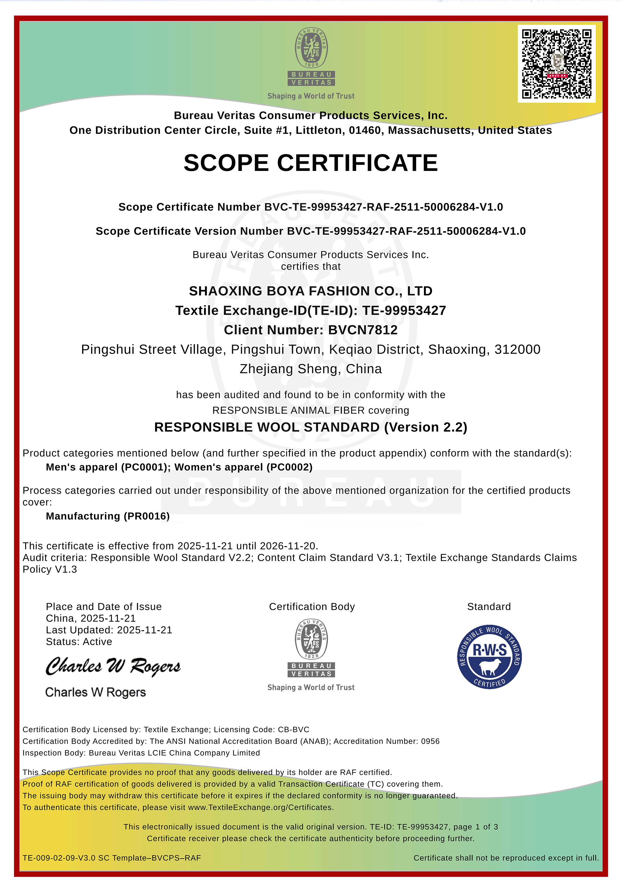 SCOPE CERTIFICATE