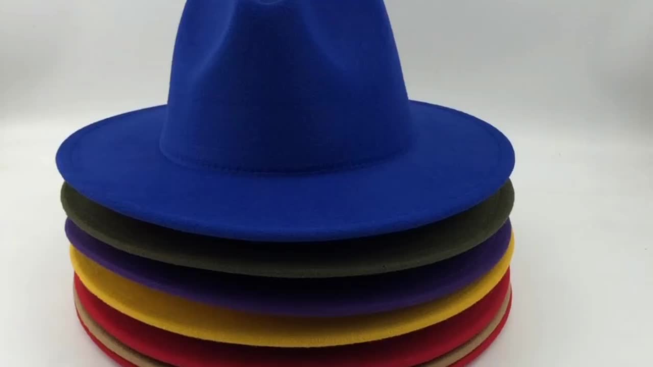 Tro kvinnor dam två ton bred brim panama hatt lapptäcke färger klassisk fedora hatt med bältesspänne1
