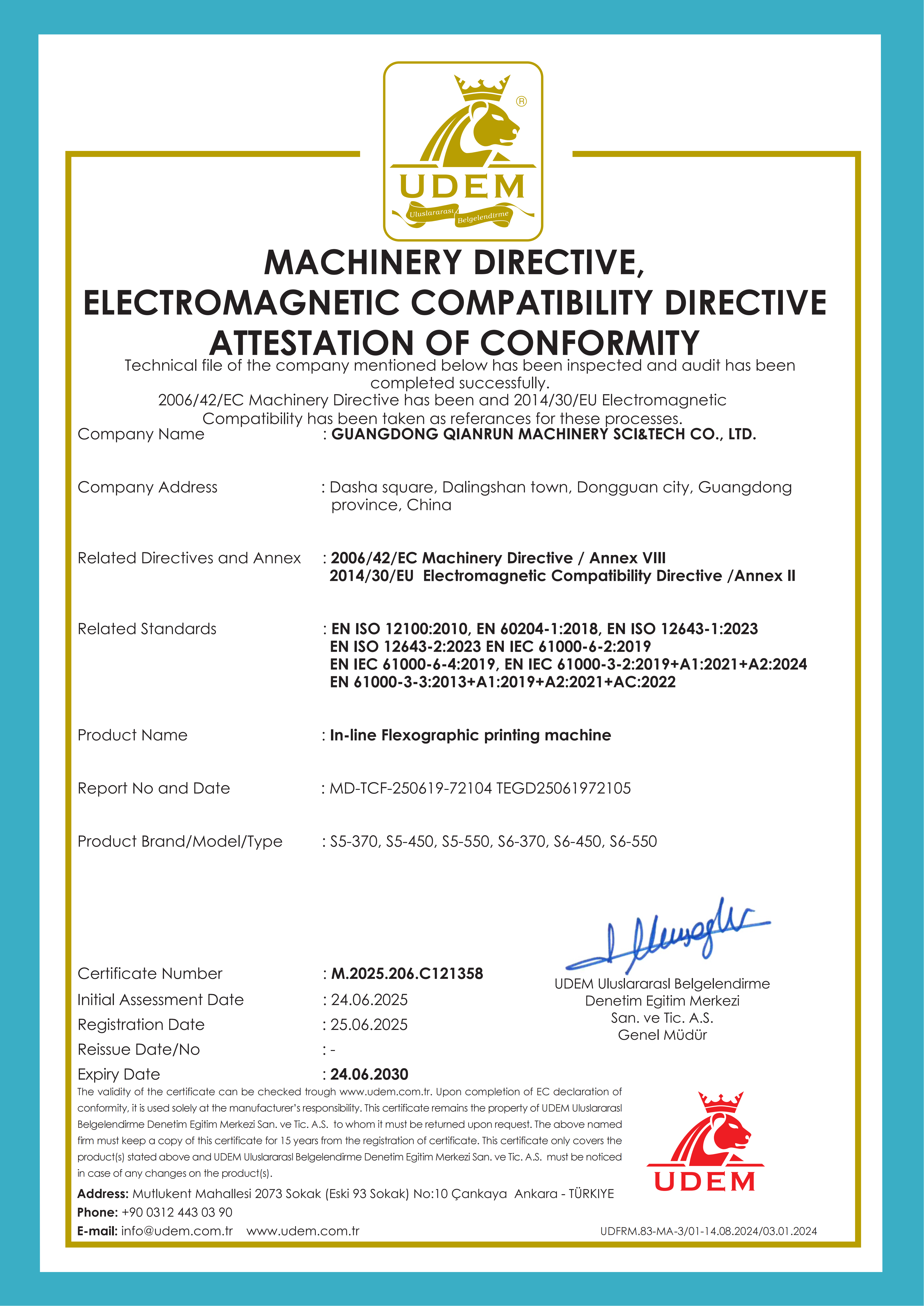MACHINERY DIRECTIVE, ELECTROMAGNETIC COMPATIBILITY DIRECTIVE ATTESTATION OF CONFORMITY