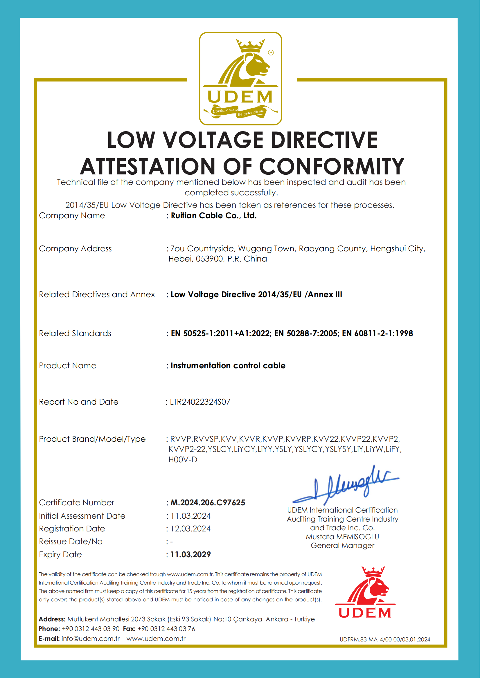 CE Certificate of Instrumentation Control Cable