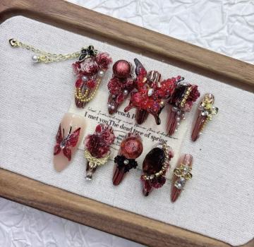 Dark Red Gothic-Style Handcrafted Wearable Nails with Tassels and Butterflies, Exuding High-End, Intricate Detailing.