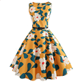 All over Flower Print Sleeveless Retro Swing Skirt Yellow 70s Lady Vintage Dress1
