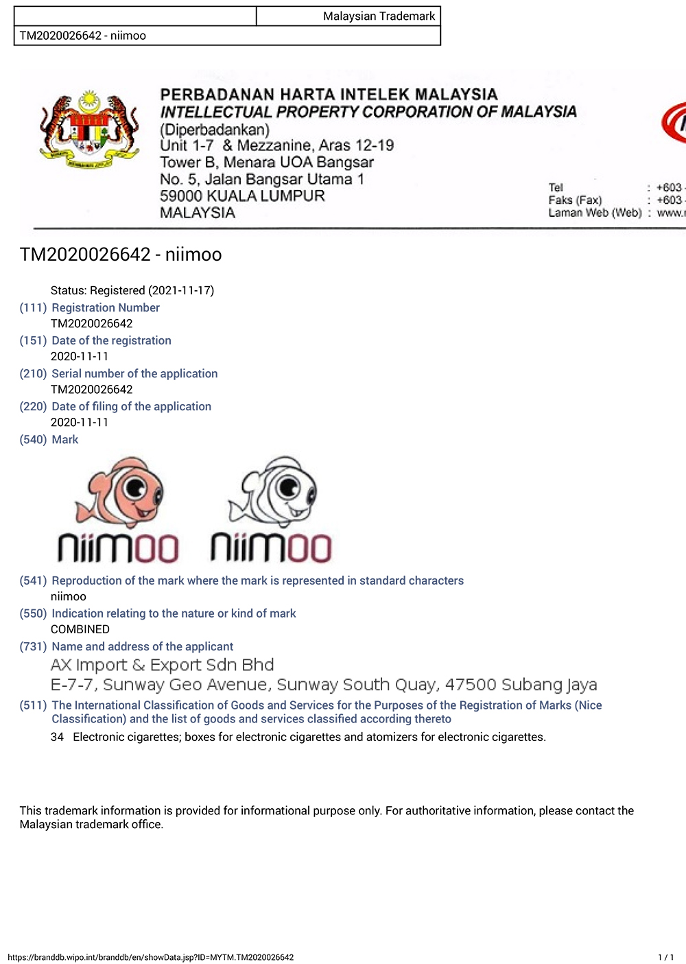 Malaysia Trademark Registration Certificate