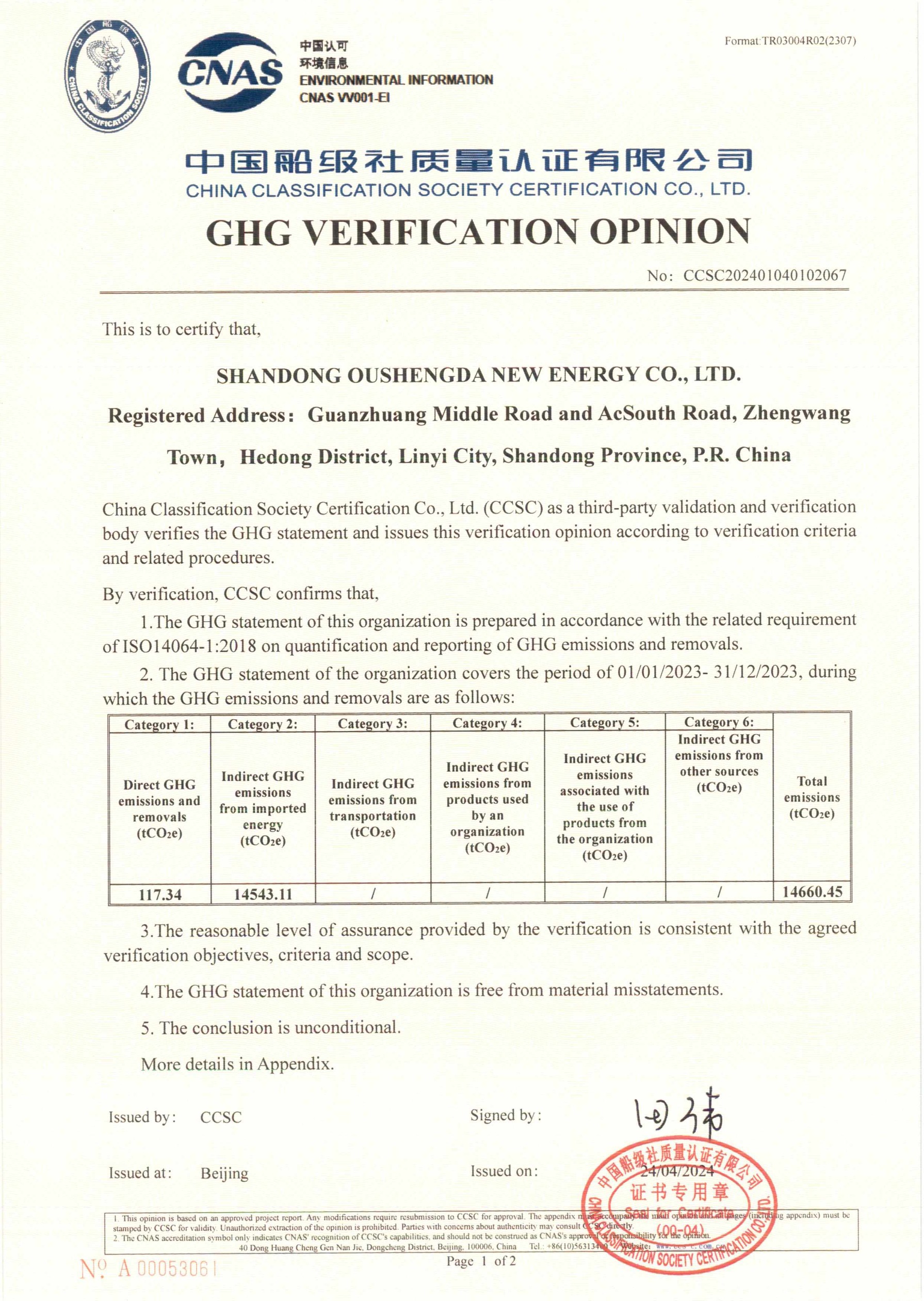 GHG VERIFICATION OPINION